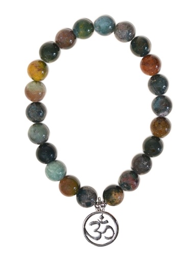 [3660341750001] Bracelet Agate multicolore perles rondes 8 mm et breloque Om