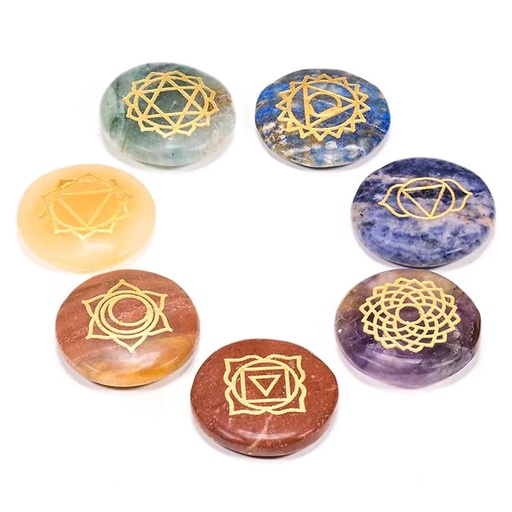 [8718657464213] SET 7 Pierres dures rondes plates symboles chakra | ± 3 cm