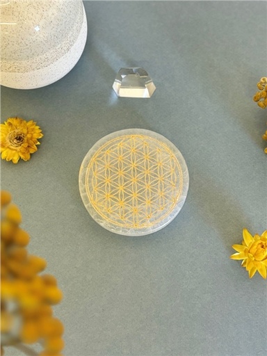 [3660341752722] Socle en Sélénite gravé Fleur de Vie dorée 8 cm