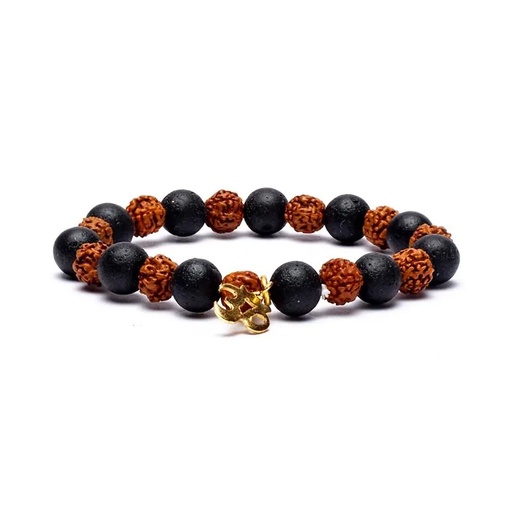 [8718657465104] Bracelet Rudraksha/Pierre de lave avec Om - élastiqué  | 0.8cm;9cm
