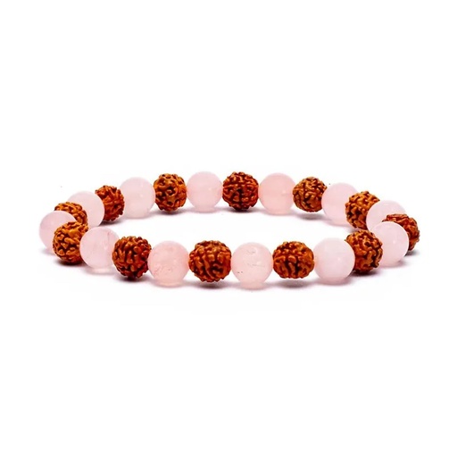 [8718657465135] Bracelet Rudraksha / Quartz Rose élastiqué  | 0.8 cm;8 cm