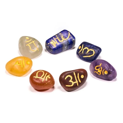 [8718657466026] Pierres gravées symbol Chakra sanscrit SET de 7 | 2.5 cm