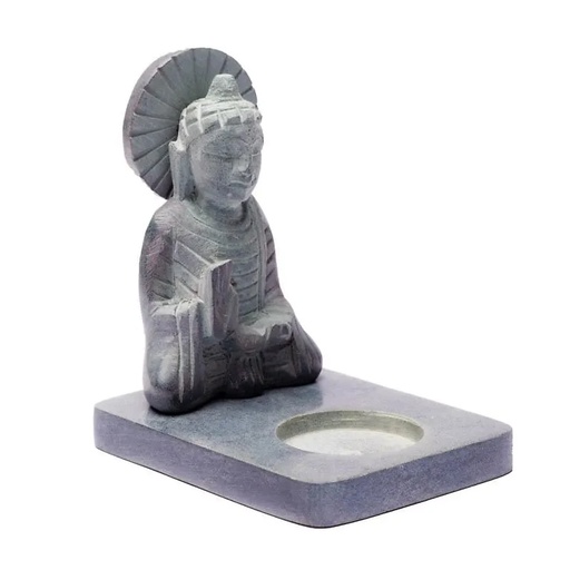 [8718657466149] Bougeoir en pierre Ollaire noire Bouddha | 11 cm