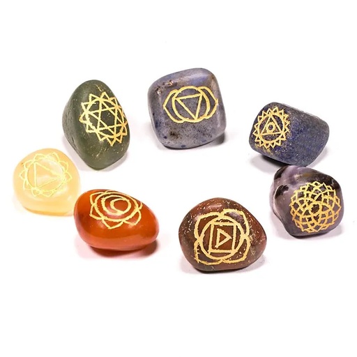 [8718657466361] Pierres polies gravées symbol Chakra SET de 7 | 1.5-2.5 cm