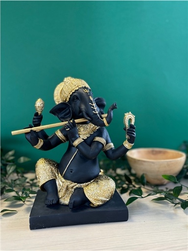 [3660341762776] Statuette Ganesh avec Bansuri 23 cm en Résine - Doré