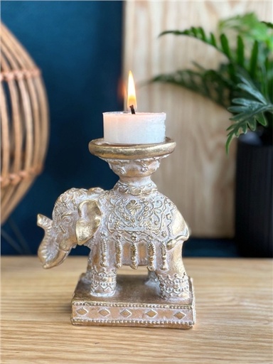 [3660341762806] Porte-bougie Eléphant Trompe en bas 11,3 cm - Résine - Doré