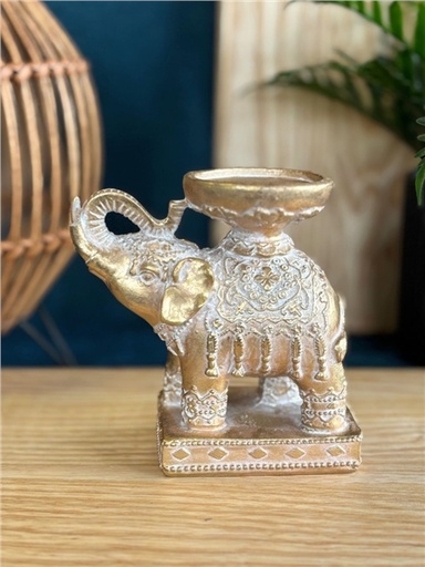 [3660341762813] Porte-bougie Eléphant Trompe en l'air 11,3 cm - Résine - Doré