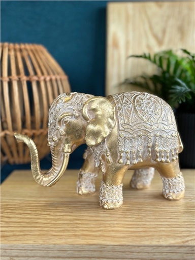 [3660341762820] Statuette Eléphant Trompe en bas 20 cm - Résine - Doré