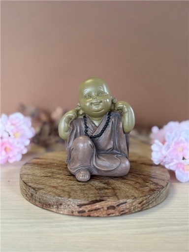 [3660341762226] Statuette Moine de la Sagesse - N'entends pas - 10 cm - Résine - Rouge