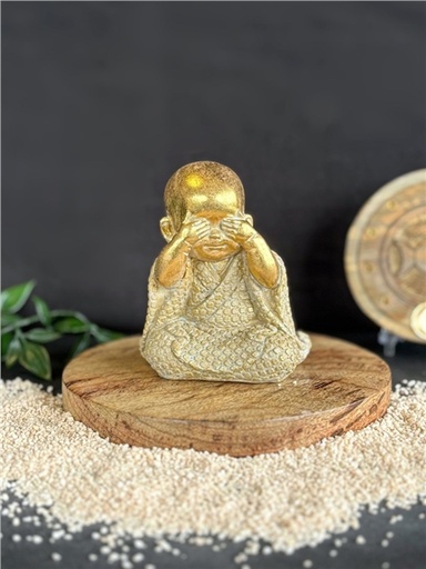 [3660341762257] Statuette Moine de la Sagesse - Ne vois pas - 10 cm - Résine - Doré
