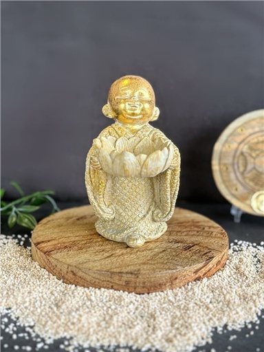 [3660341762325] Porte-bougie Moine en Lotus 12,5 cm - Résine - Doré