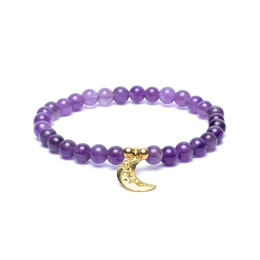 [8721139293638] Bracelet élastique breloque lune améthyste perles 6mm