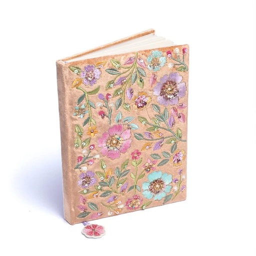 [8721139293102] Carnet velours beige à fleurs -- 20x15 cm