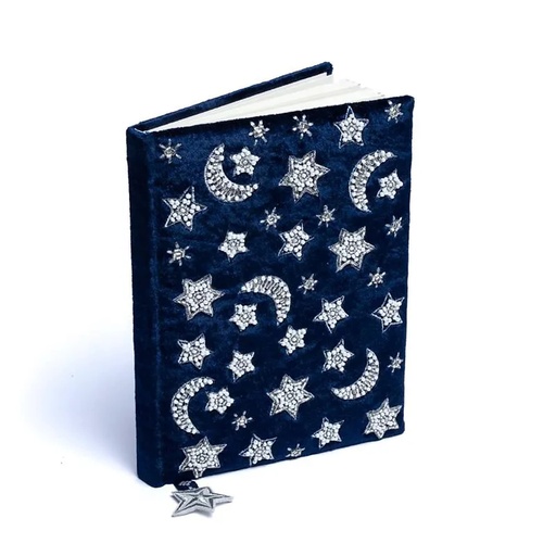 [8721139293423] Carnet de notes velours bleu foncé avec lune et étoiles -- 20x15 cm