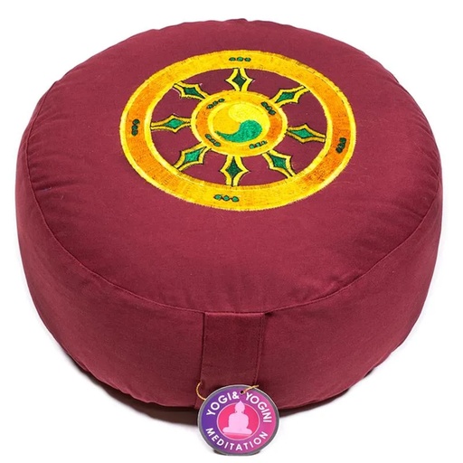 [8718969174282] Coussin méditation Roue du Dharma rouge foncé -- 33x17 cm