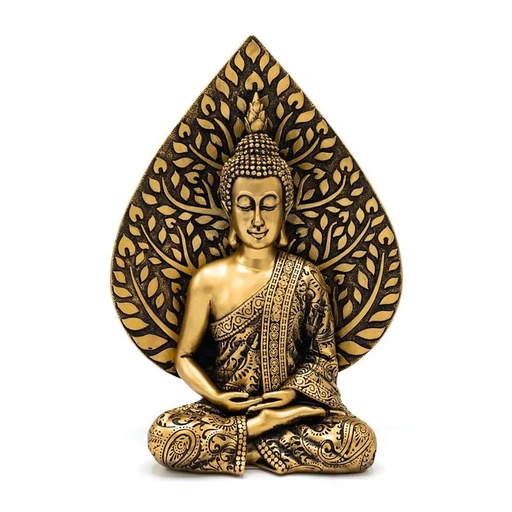 [8721139298411] Bouddha méditation avec feuille de Bodhi couleur or -- 16.8x10.3x23.8 cm