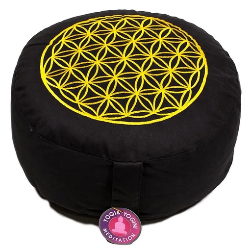 [8718969177535] Coussin de méditation Fleur de vie noir et or | 33x17 cm