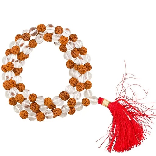 [8718969178556] Mala Cristal de roche AA/Rudraksha 108 perles+sac | 0.8 cm