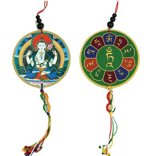 [8719172836813] Pendentif voiture ou fenêtre Chenrezig & dorje | 8x36 cm