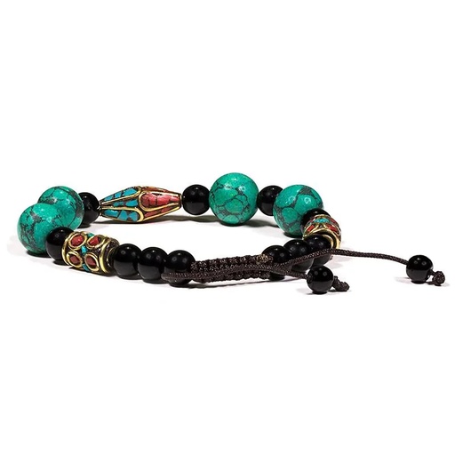 [8719172837681] Bracelet turquoise corail et agate noir ajustable | ±7cm