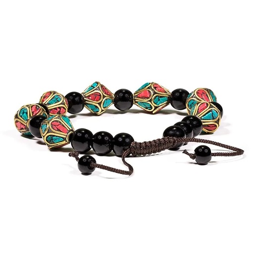 [8719172837704] Bracelet turquoise corail et agate noir ajustable | ±7cm