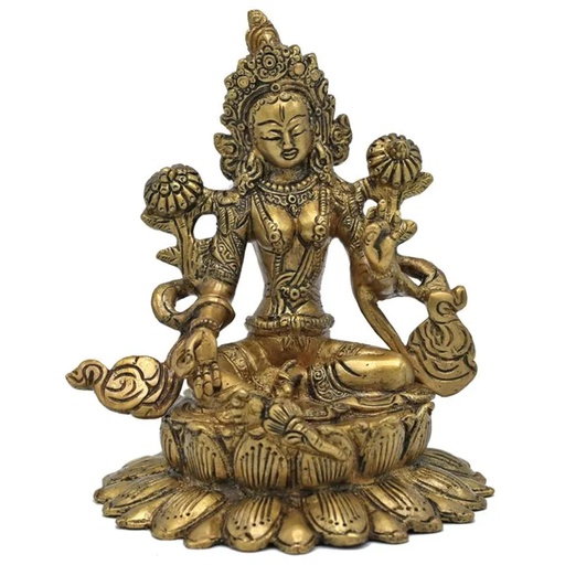 [8719172839494] Tara Verte assise sur un lotus laiton -- 1500 g; 15.5 cm
