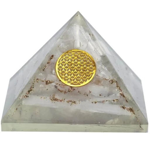 [8719497610747] Pyramide d’Orgone Sélénite fleur de Vie -- 7x7x6 cm