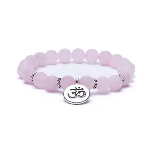 [8719497613441] Mala /bracelet en quartz rose élastique avec Om | 0.8 cm