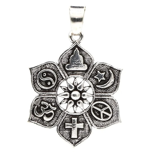 [8719497613663] Pendentif lotus avec symboles religieux | 2.8 cm
