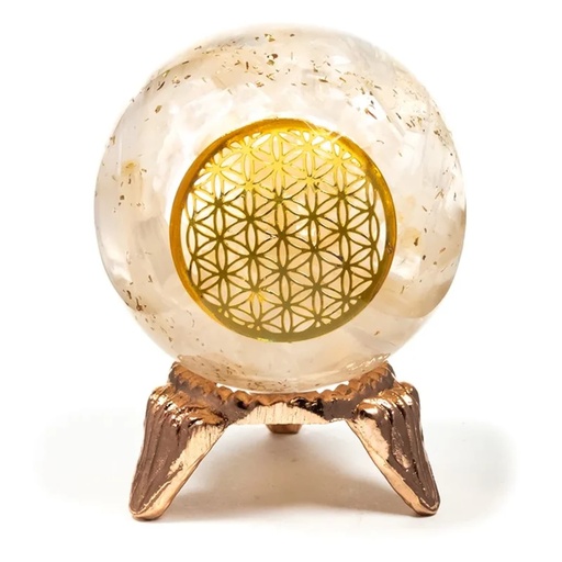 [8719497615438] Sphère d'Orgonite sélénite avec fleur de vie -- 5 cm