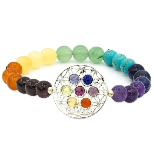 [8719497615506] Bracelet 7 chakra avec Fleur de Vie élastique | 0.8 cm