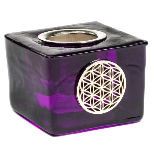 [8719497615520] Bougeoir cube avec fleur de vie violet -- 4.5x4.5x3.5cm