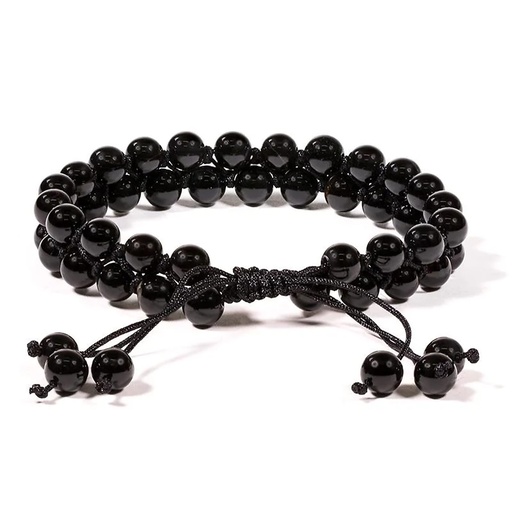 [8719497616015] Bracelet Agate noire double fil ajustable | 0.6 cm