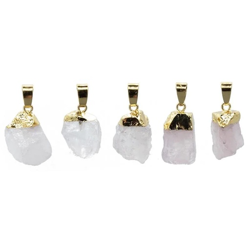 [8719497618194] Pendentif quartz rose brut couleur or | ±2 cm