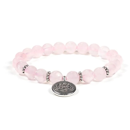 [8719497618484] Mala / bracelet quartz rose élastique avec Lotus | 0.8 cm
