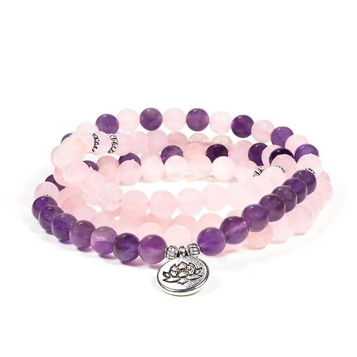 [8719497618552] Mala quartz rose / améthyste élastique lotus| 0.8 cm
