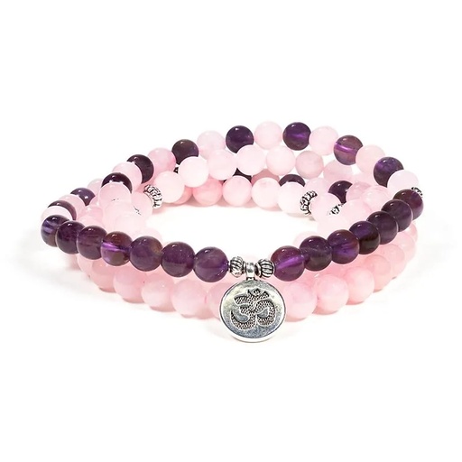 [8719497618576] Mala quartz rose / améthyste élastique avec om| 0.8 cm