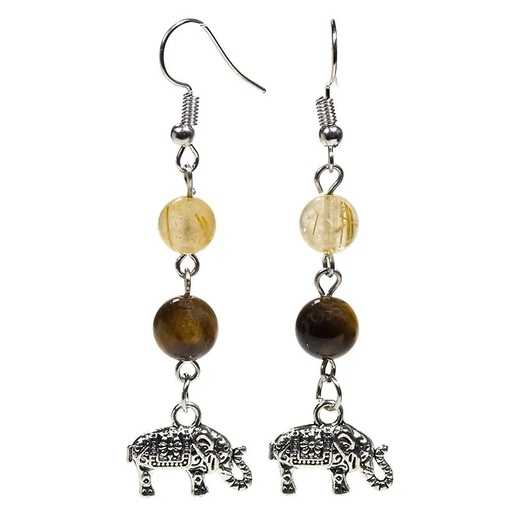 [8720088291733] Boucles d'oreilles Oeil de tigre/Quartz rutile + éléphant | 8 mm
