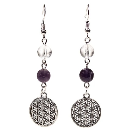[8720088291801] Boucles d'oreilles Cristal de roche/Améthyste fleur de vie | 8mm