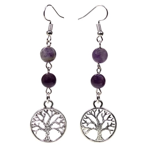 [8720088291825] Boucles d'oreilles fluorite/améthyste arbre de vie | 8 mm