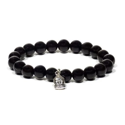 [8720088293379] Mala / bracelet bois noir élastique avec bouddha -- 0.8 cm