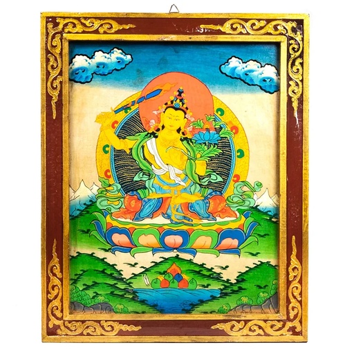 [8720088293904] Bouddha Manjushri thangkha panneau bois petit | 33x44 cm