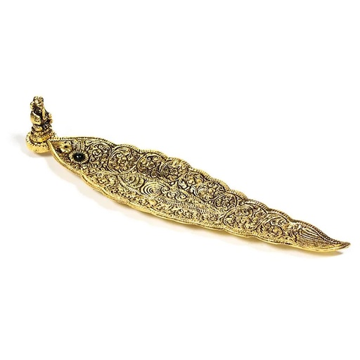 [8720088296677] Brûleur d'encens Ganesh feuille couleur d'or | 22x5.5x4cm
