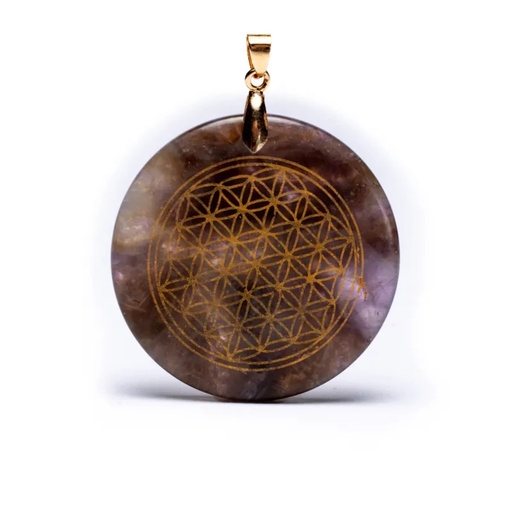 [8720088296967] Pendentif améthyste avec fleur de vie couleur or -- 4,5cm