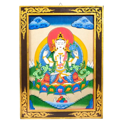 [8720088298091] Bouddha Chenresig thangkha panneau en bois | 33x44 cm