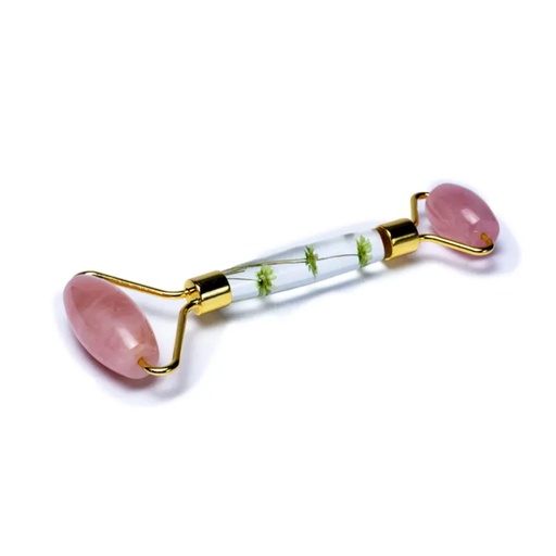 [8720088299234] Rouleau de massage Quartz rose fleurs jaunes --70g; 14 cm