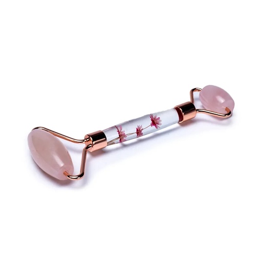 [8720088299241] Rouleau de massage en Quartz rose fleurs roses | 70g; 14cm
