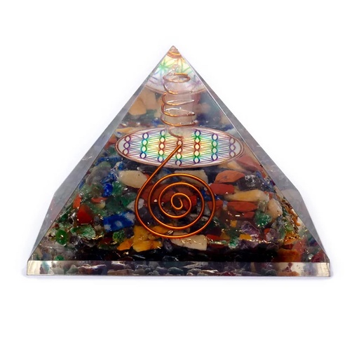 [8720088299616] Pyramide de Fleur de vie colorée avec pointe de Cristal| 7x7x6cm