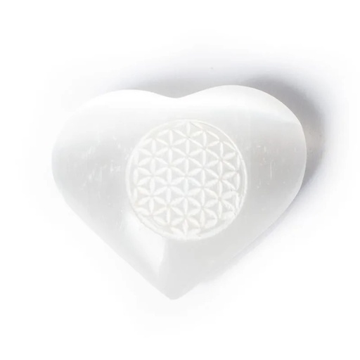 [8720088299623] Coeur de Sélénite avec Fleur de vie pierre de soucis  | 5x4x1.5cm