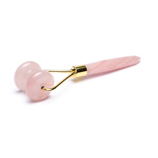 [8720088299845] Rouleau de massage visage Quartz rose métal couleur or jaune | ±15cm; 108g